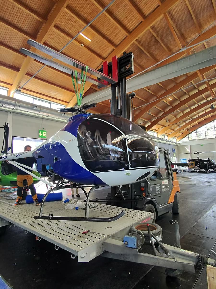 ARGO AH helicopter arriving at AERO Friedrichshafen on its trailer