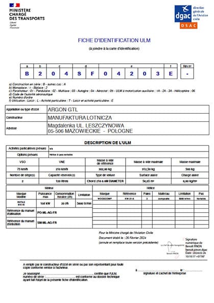 French DGAC ULM identification sheet for the ARGON GTL