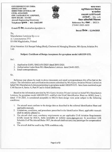Indian DGCA certificate of design acceptance for the ARGON GTL