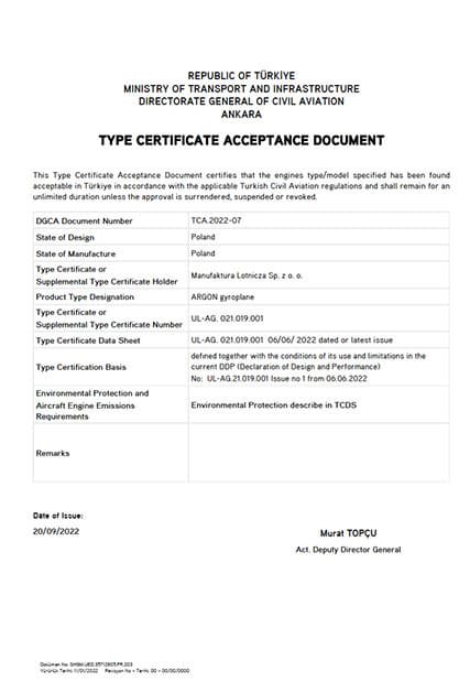 Turkish DGCA type certificate acceptance document for the ARGON gyroplane