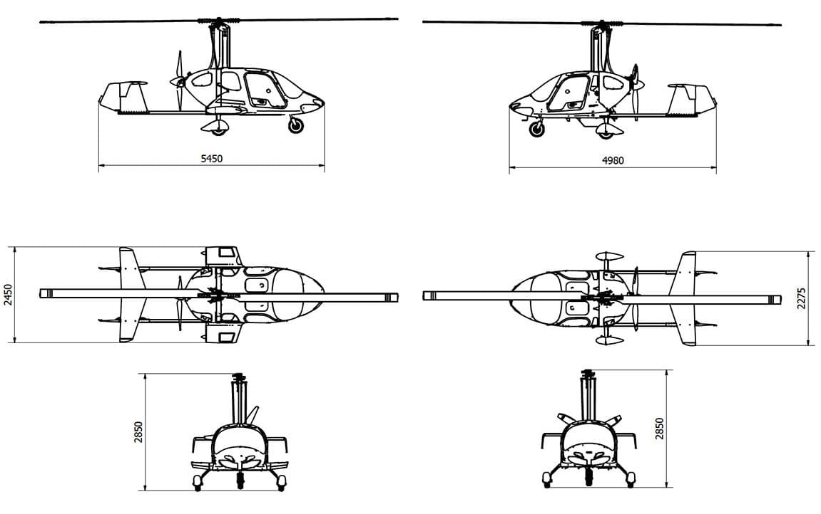 Factory drawing comparing ARGON GTL and ARGON 915 dimensions: 5.45 m vs 4.98 m length