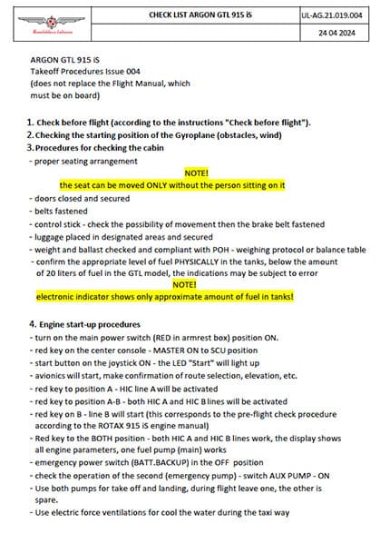 ARGON GTL takeoff procedures checklist