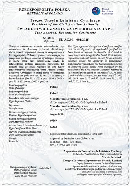 Polish Civil Aviation Authority type approval for the ARGON GTL
