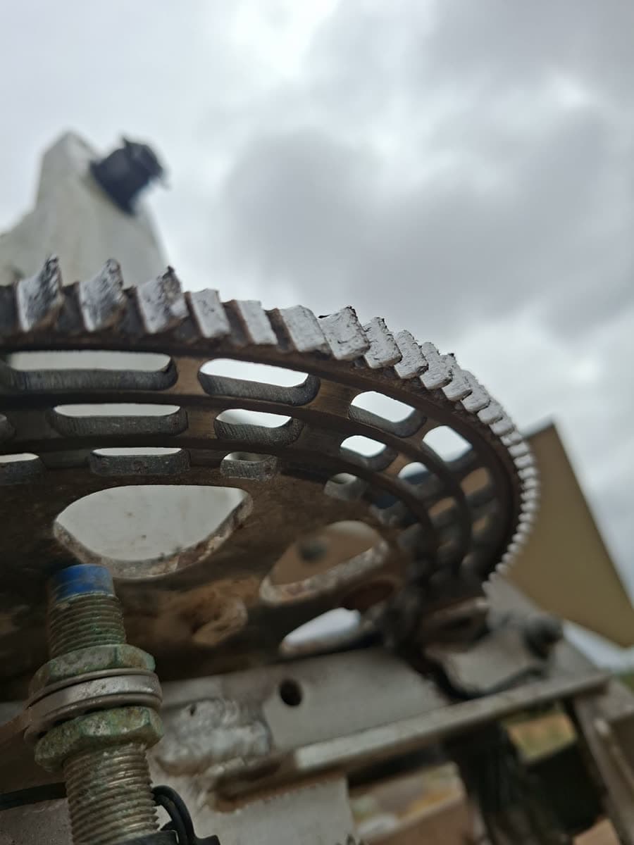 Damaged gyrocopter pre-rotator ring gear with chewed, worn-down teeth