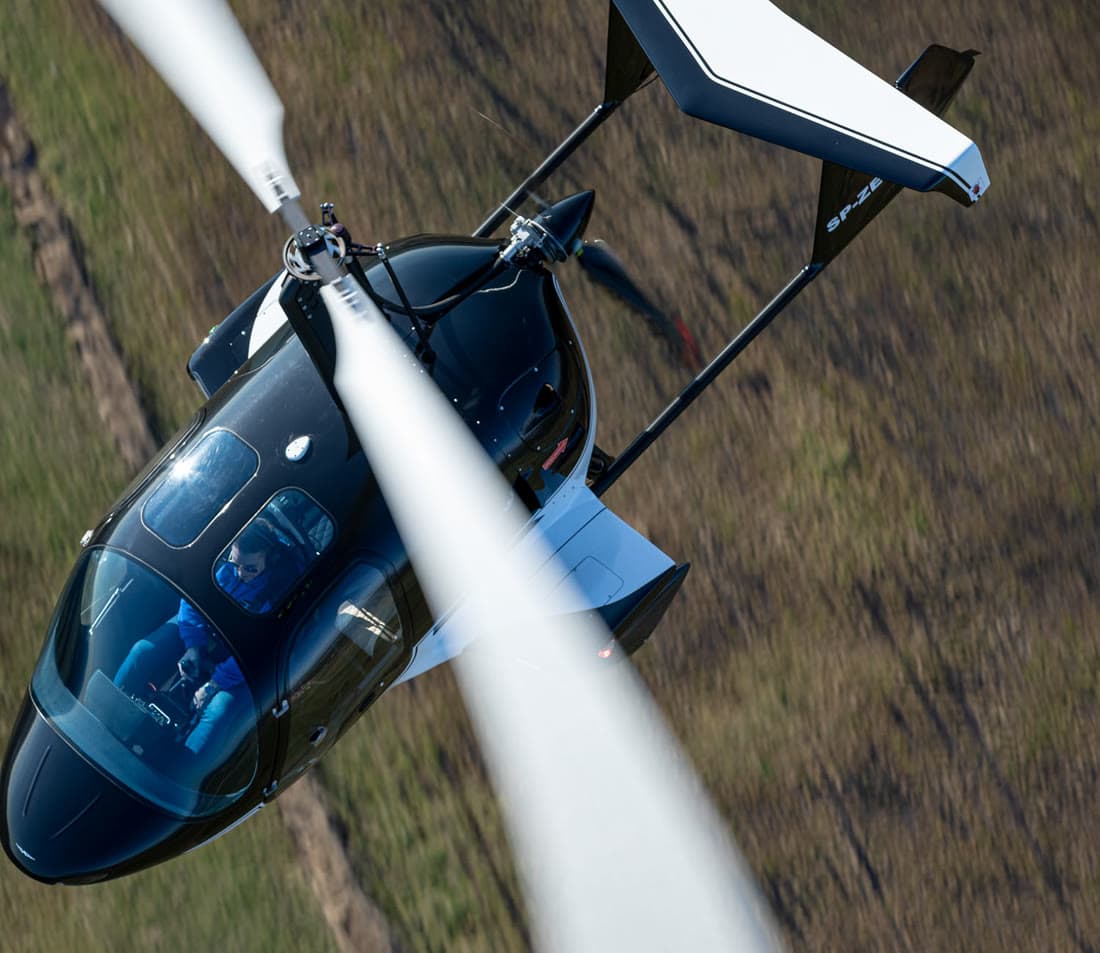 ARGON GTL Triple three-seat gyroplane in flight, seen from above